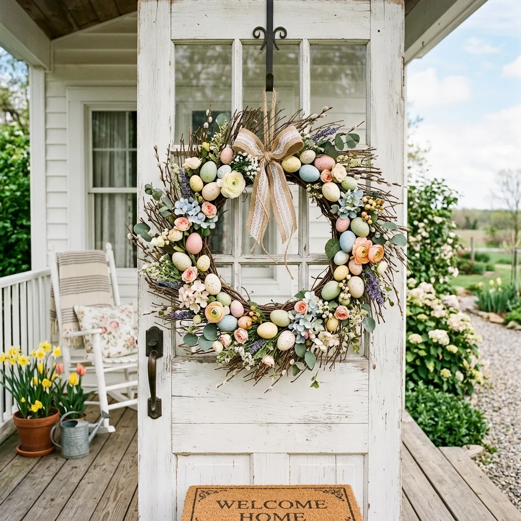 Pastel egg grapevine Easter wreath on a porch